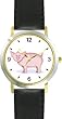 Pink Pig Cartoon - JP - WATCHBUDDY&reg; DELUXE TWO-TONE THEME WATCH - Arabic Numbers - Black Leather Strap-Size-Women's Size-Small