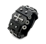Power Black Leather Sharp Cut Cross Bracelet With Ball Stud Accents Adjustable