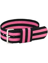 22mm Classic 1-Piece Nylon Buckle SS Striped Black / Pink - Easily Interchangeable Replacement Watch Strap / Band - Fits All Watches!!!