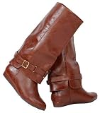 Fold Over Cuff Womens BROWN Knee High Wedge Boots