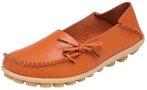 Serene Womens Leather Cowhide Casual Lace Up Flat Driving Shoes Boat Slip-On Loafers (9B(M)US, Orange)