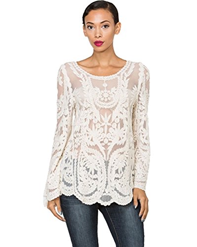 BFF Clothing Womens Long Sleeve Crochet Floral Top Natural