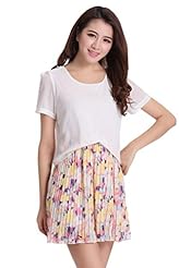 Petite Chiffon Elasticized   Waistline Floral Print Above the Knee Short Sleeves Summer Lace Pleated Mini Dress 