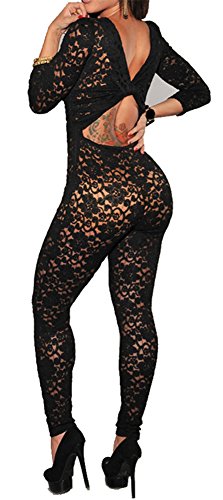 made2envy Lace Overlay Nude Illusion Keyhole Back Jumpsuit (XL, Black)