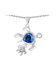 Original Star K (tm) Good Luck Mother and Child Turtle Pendant with Heart Shape Simulated Blue Topaz in 925 Sterling Silver