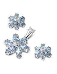 Sterling Silver Nature Flower Pendant with Earrings Jewelry Set with Aquamarine and Clear Cz