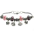 Fanciful Pandora Style Charm Bracelets in Black and Pink Beads - Butterfly and Shell Charms - 7'' Snake Chain with Heart Shaped Lobster Clasp