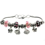Fanciful Pandora Style Charm Bracelets in Black and Pink Beads - Butterfly and Shell Charms - 7'' Snake Chain with Heart Shaped Lobster Clasp