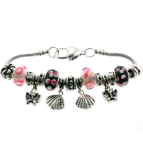 Fanciful Pandora Style Charm Bracelets in Black and Pink Beads - Butterfly and Shell Charms - 7 Snake Chain with Heart Shaped Lobster Clasp