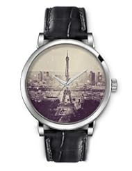 SPRAWL Aanalog Fashion Series Silver Ladies Watches of Genuine Black Leather Strap,Unique Wrist Watch for Women Girls Designed with Tower in Paris