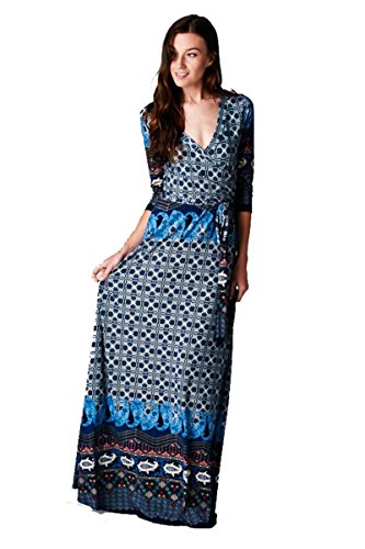 On Trend Paris Dress Blue Paisley Bohemian 3/4 Sleeve Long Maxi Dress
