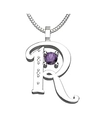 Sterling Silver Letter R - February Amethyst Birthstone 18 Inch Necklace