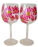 ArtisanStreet's Shasta Daisy Wine Goblets. Set of 2 Glasses. Hand Painted Design of Pink Daisies on Clear Crystal. Signed by Artisan