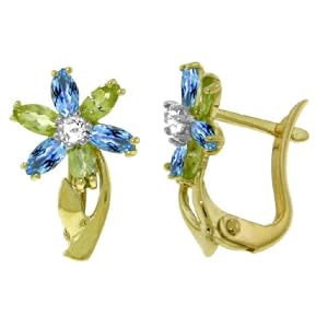 14k Gold Pin Earrings with Genuine Diamonds, Blue Topaz and Peridot by 