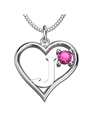 Sterling Silver Pink Tourmaline October Heart Pendant Alphabet Letters Necklace 18 Inch