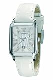 Emporio Armani Ladies Rectangular Case White Mother Of Pearl Dial White Leather Strap Watch