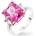 White Gold Rhodium Engagement Ring with Pink Rectangle Emerald Cut Center and Sidestep Clear CZ - Size: 5-10