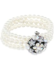 Simulated Cream Pearl Faceted Glass 3-Row Silver Tone Stretch Bracelet