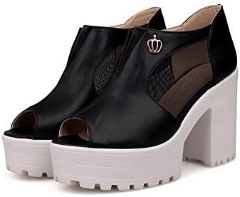 Maymoon Womens Open Peep Toes High Heel Chunky Platform Soft Material PU Solid Sandals with Metalornament, Black, 39