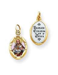 10k Yellow Gold Enameled Sacred Heart of Jesus Medal Charm - Religious Jewelry