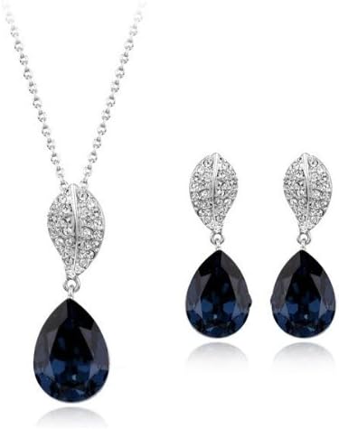 Dark blue crystal 18k white gold plated leaf-shaped pendant necklace earrings fashion jewelry set for wedding anniversary holiday