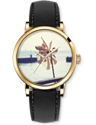 SPRAWL Aanalog Fashion Series Gold Ladies Watches of Genuine Black Leather Strap,Unique Wrist Watch for Women Girls Designed with Beautiful scenery at the seaside