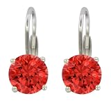 Platinum Plated Sterling Silver 6x6mm Round Red Cubic Zirconia Lever Back Earrings