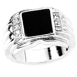 Solid Sterling Silver Cubic Zirconia & Onyx Rhodium Plated Men's Ring