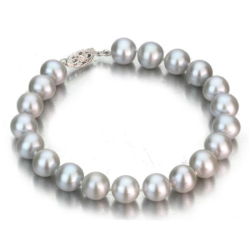 14k White Gold 8-9mm Grey Freshwater Cultured Pearl Bracelet AA+ Quality Pearls, 7 Inch