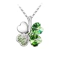 Clover Pendant Chain Necklace with Swarovski Crystal in Peridot Green White Gold Plated