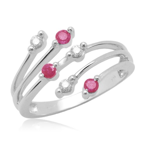 10k White Gold Created Ruby with Diamond Bypass Ring