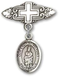 Sterling Silver Baby Badge with Our Lady of Victory Charm and Badge Pin with Cross