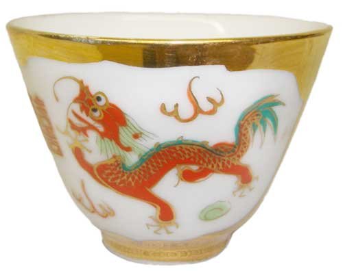 Chinese Gold Double Happiness Dragon and Phoenix Tea Cup - Hand Painted Porcelain