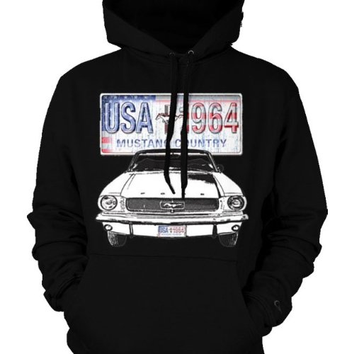 Mustang Country USA 1964 Mens Sweatshirt, Officially Licensed Ford Motor Company Mens Pullover Hoodie, X-Large, Black