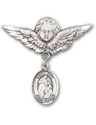 Sterling Silver Baby Badge with St. Ann Charm and Angel with Wings Badge Pin