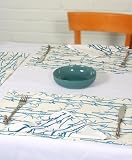 Grehom Table Place Mats (Set of 2) - Blue Bamboo; Beautiful Gift; 100% Cotton Place Mat; Hand Printed Table Linen; Size 50cm x 35cm