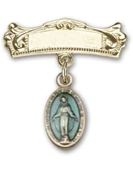 Gold Filled Baby Badge with Blue Miraculous Charm and Arched Polished Badge Pin