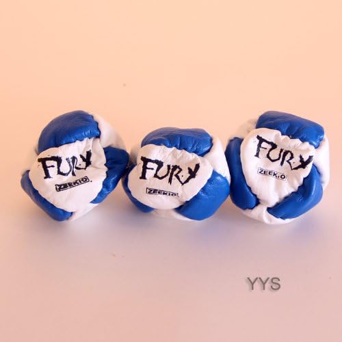 Zeekio- Three Fury Footbags -14 Panel Leather -Sand Fill -Blue and White