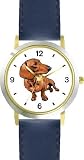Dachshund (Shorthaired) Dog - WATCHBUDDY® DELUXE TWO-TONE THEME WATCH - Arabic Numbers - Blue Leather Strap-Women's Size-Small