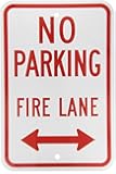 SmartSign Aluminum Sign, Legend "No Parking Fire Lane" with Arrow, 18" high x 12" wide, Red on White