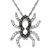 14k White Gold Black and White Diamond Spider Pendant (1/6 cttw), 18"