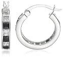 Silver Black/White Cubic Zirconia Hoop Earrings