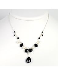 SS 16in Onyx/Freshwater Cult. Pearl/Jet & Opalite Crystal/CZ Necklace