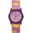Timex 7B031 Children's Round Purple Resin Case Analog Watch with Pink and Yellow Printed Adjustable Elastic Strap
