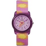 Timex 7B031 Children's Round Purple Resin Case Analog Watch with Pink and Yellow Printed Adjustable Elastic Strap