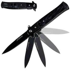 A-91-BE. 9" Godfather Style Stiletto Folding Knife - Black White Pearl Grip Handle 1045 Surgical Steel Blade camping hunting hunt weapon sharp edge PantherTD