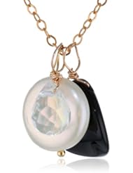 Gold-Plated Sterling Silver Chain with Curved Black Onyx, Crystal Teardrop, and White Freshwater Keshi Cultured Pearl (11mm) Pendant Necklace, 17"
