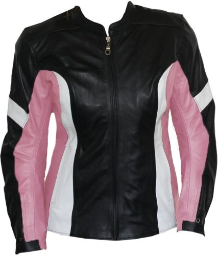 Damen Lederjacke Motorradjacke aus Rindsleder Kombijacke Schwarz/Pink, Größe:2XL