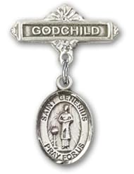 Sterling Silver Baby Badge with St. Genesius of Rome Charm and Godchild Badge Pin