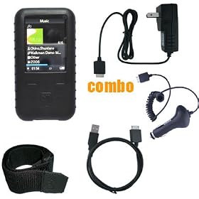 6 Piece Value Combo Accessory Bundle Kit: Black Silicone Skin Case Cover + Car Charger + Travel Charger + USB Data Sync Cable + Armband + Belt Clip for Sony Walkman S615/S616/S618/S716/S718 Series MP3 Player
